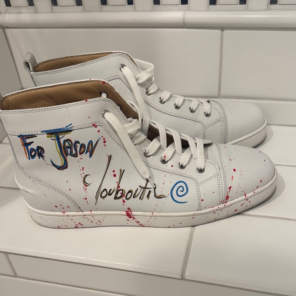 Christian Louboutin White and Red High-Top Sneakers- signed by Christian himself